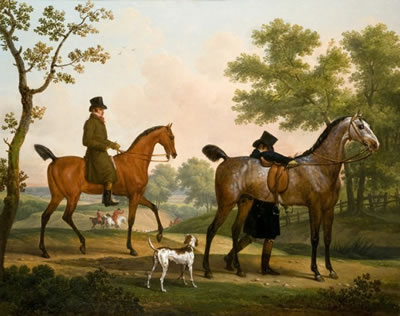 Halte de deux cavaliers pendant une chasse à courre