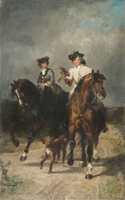Couple à cheval chassant au faucon