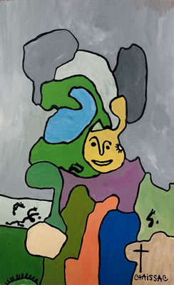 COMPOSITION VISAGE JAUNE, SIGNATURE A LA CROIX, 1964