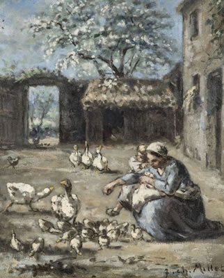 Fermière et son enfant devant des oies