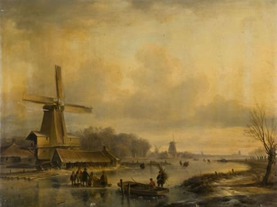 Paysage de rivière gelée près d'un moulin