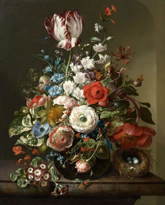 Vase de fleurs sur un entablement, nid et insectes