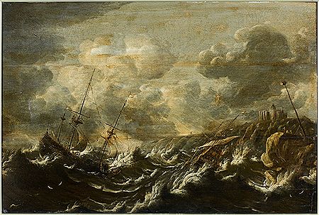 Deux navires dans la tempête près d`un littoral rocheux