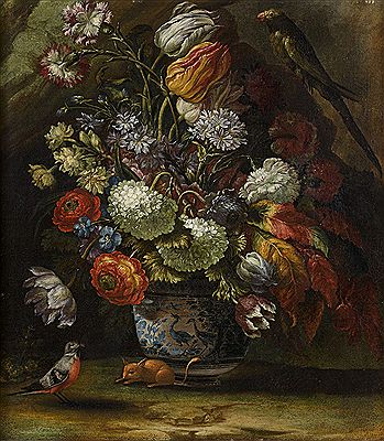 Vases de fleurs animé d`une perruche à collier et d`un bouvreuil et Vase de fleurs animé d`un guêpier d`Europe et d`un chardonneret (2)