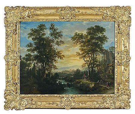 Paysage de rivière animé d`un cavalier et de personnages et Vallon rocheux animé de voyageurs (2) by Martin Knoller - Auction record, sale price, and art valuation. Compare with similar artists and explore comparable artworks.