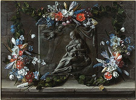 Bas-relief avec la Vierge à l`Enfant entouré d`une guirlande de fleurs