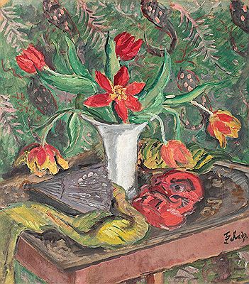 Still life with tulips, fan and red mask