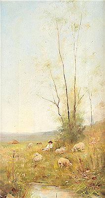 Shepherd with flock of sheep