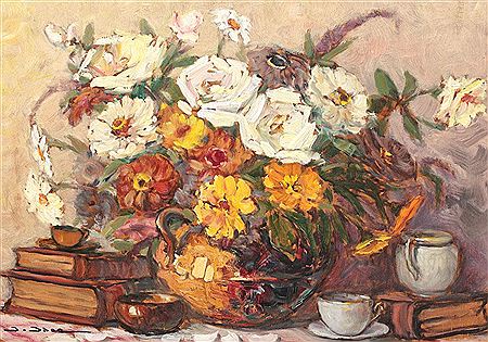 Still life with books and daisies
