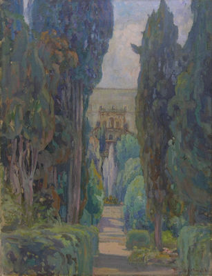 Landscape with cypress trees and a villa