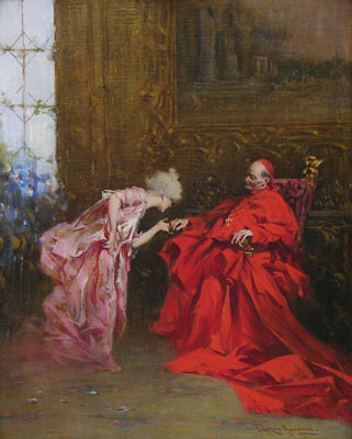 A lovely lady stoops to kiss a Cardinal's ring