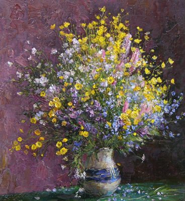 STILL LIFE WITH YELLOW AND PURPLE FLOWERS by Vladimir Nikolaevich Korkodym - Auction record, sale price, and art valuation. Compare with similar artists and explore comparable artworks.