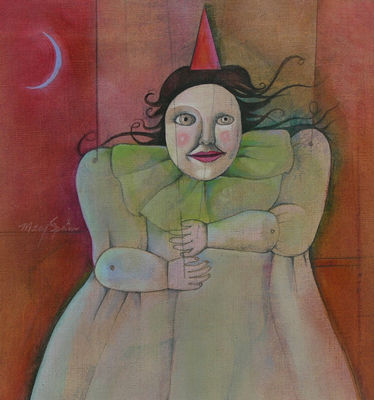 "Woman with Mask, Hat and Moon"