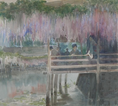 Balcony with Figures and Wisteria