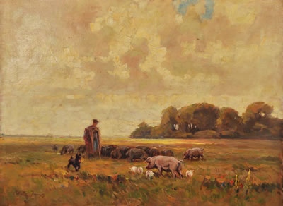 Landscape with herdsman, a drove of pigs and a bouvier by Janos Rakosi-Uitz - Auction record, sale price, and art valuation. Compare with similar artists and explore comparable artworks.