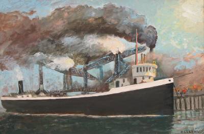 Steamship on Lake Erie by Harbor