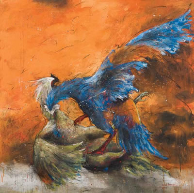 Sample artwork by Azad Hamy (Born 1979), known for cockfight painting, social themes - View similar artists and auction records