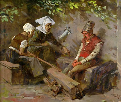 In stocks. Genre painting of two women meeting an old man in stocks