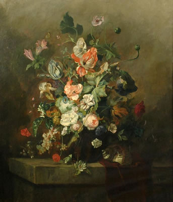 Bouquet with tulips, roses and shell