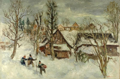 Winter landscape with carol singers. Figures in winter landscape in one of the villages in Beskydy Mountains. by Alois Schneiderka - Auction record, sale price, and art valuation. Compare with similar artists and explore comparable artworks.