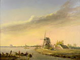 Seaside landscape with a windmill. Dutch genre scene with fisherman coming home in the light of an evening Sun