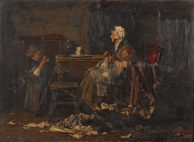 Couturière et fillette dans un intérieur