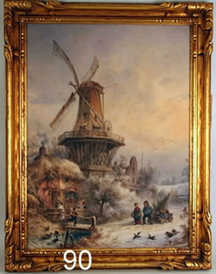 OUTDOOR GENRE SCENE W/WINDMILL & CHILDREN BRING CHRISTMAS TREE HOME