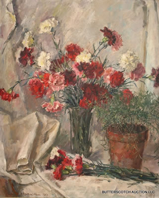 STILL LIFE OF CARNATIONS IN A GLASS VASE BESIDE A POTTED PLANT by Paul Stollreither - Auction record, sale price, and art valuation. Compare with similar artists and explore comparable artworks.