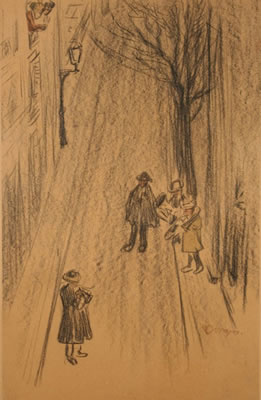 Street scene with musicians on the sidewalk