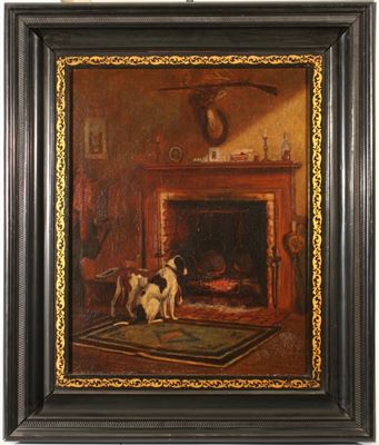 Two dogs in front of the fireplace