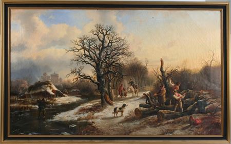 Winter Snowscape with various figures by a river