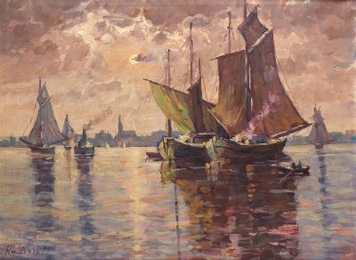 Ankernde Fischerboote vor Ostseehafen