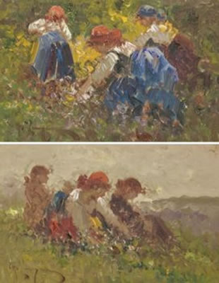 Couple painting "Il Lavoro" / "Il Reposo" (The work / rest) by Antonio Pecoraro - Auction record, sale price, and art valuation. Compare with similar artists and explore comparable artworks.