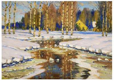 Vorfrühling. Sonnenbeschienene russische Flußlandschaft im letzten Schnee
