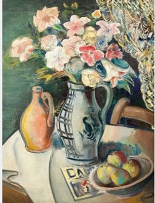 Stillleben mit Blumenstrauß und Dada-Blatt