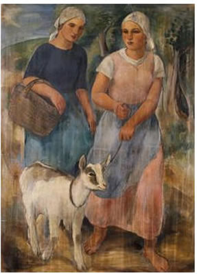 Zwei Mädchen mit Ziege