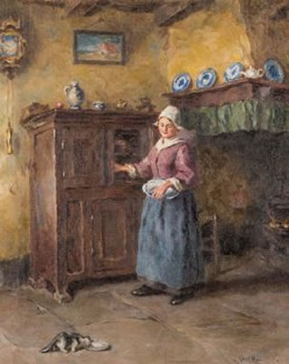 Holländisches Mädchen am Küchenschrank