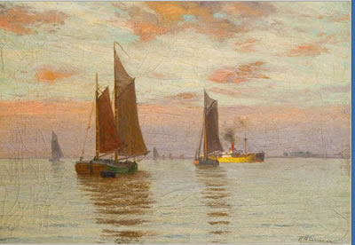 Sample artwork by Richard Hunten (1867 - 1952), known for sailboat and landscape painting - View similar artists and auction records