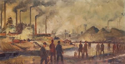 Industrielandschaft am Fluß. Vermutlich Nordmähren, Ostrau