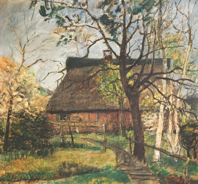Worpsweder Bauernhaus zur Baumblüte.