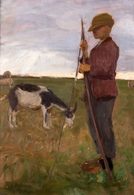 Hütejunge mit Ziege und Schafen