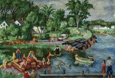 Swimming Mosman Park, Searsport, Maine, 1932 by Waldo Peirce - Auction record, sale price, and art valuation. Compare with similar artists and explore comparable artworks.