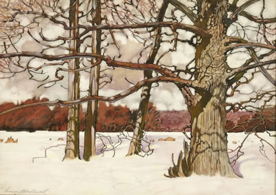 Winter Woods by George Hawley Hallowell - Auction record, sale price, and art valuation. Compare with similar artists and explore comparable artworks.