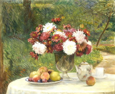 Flowers, Fruit, a Teacup, and a Teapot on a Table in the Gardens
