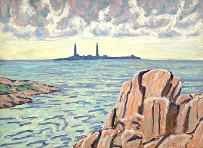 Thatcher Island Twins Lights by Allen Tucker - Auction record, sale price, and art valuation. Compare with similar artists and explore comparable artworks.