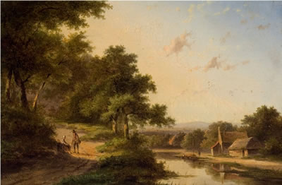 Landscape (with stream, house, and two figures resting on the road on the left bank and a third figure in the distance on the right bank) Signed "J. E. Morel" followed by an indeterminate symbol or insignia l.l.