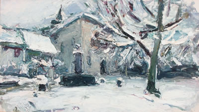 "La place du Tencin, première neige au matin"