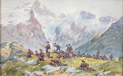 "Section déployée au col du Lanctaret, au fond la Meije"