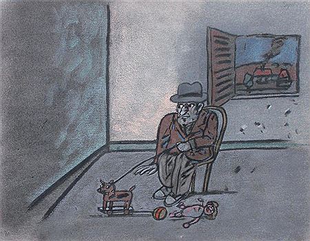 L'homme au chien à roulettes et à la poupée