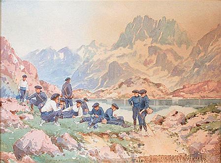 Halte des chasseurs alpins au bord d'un lac en montagne